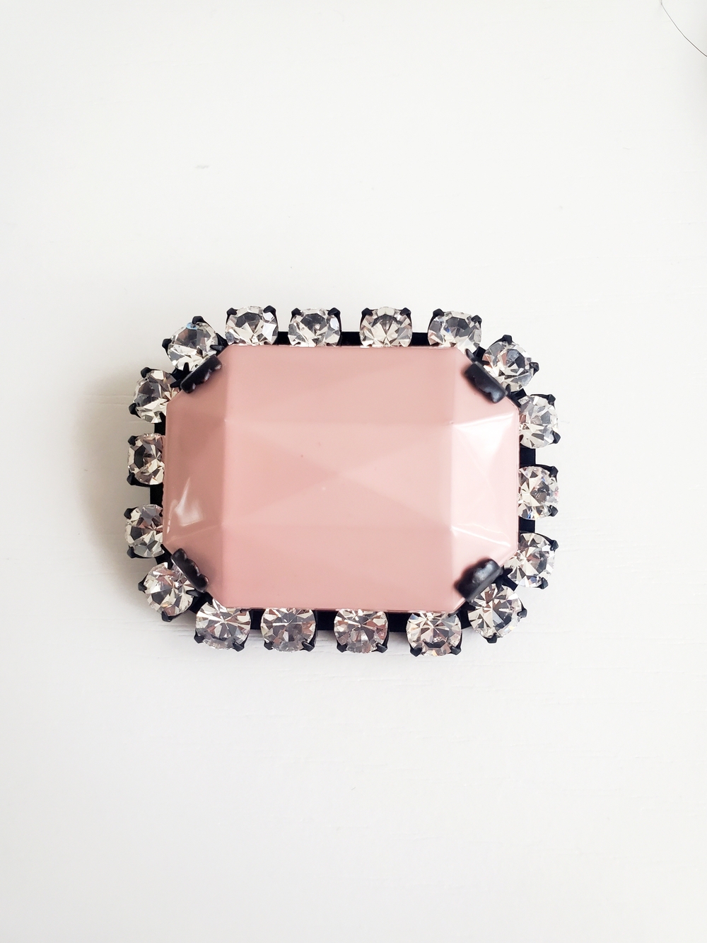 Pink Faceted Rectangle Crystal Brooch with Clear Rhinestone Halo